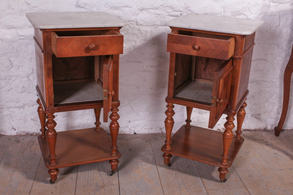 Pair of marble top walnut quarter veneer bedsides View V