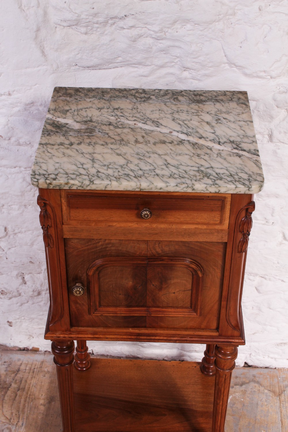 Very attractive solid walnut bedside with figured marble top View II