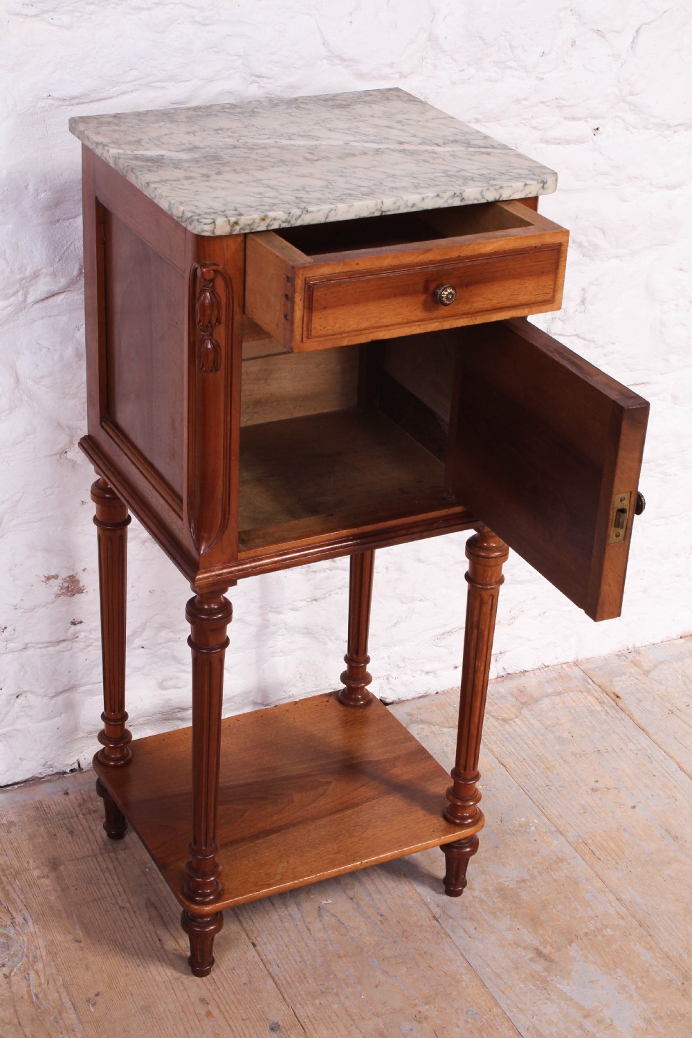 Very attractive solid walnut bedside with figured marble top View III
