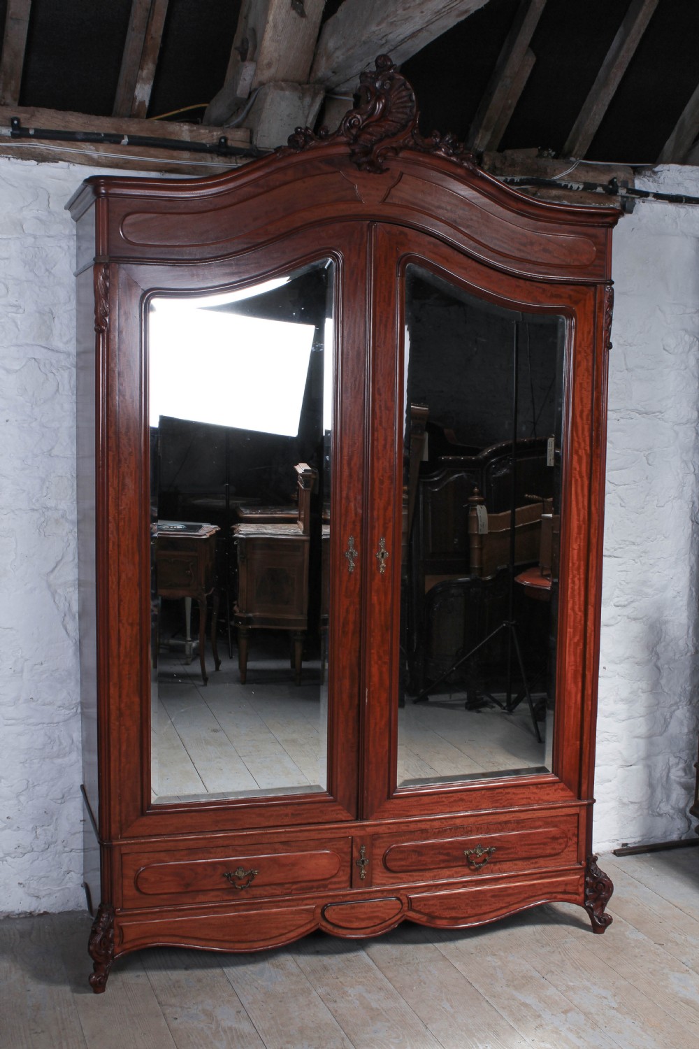 French mahogany Louis XV style mirrored two door armoire