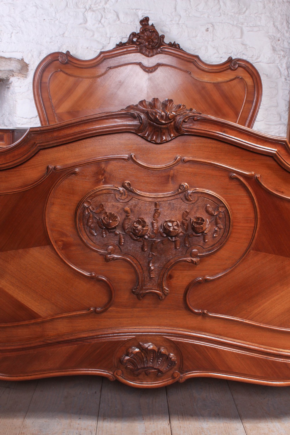 Lovely carved walnut Louis XV style double bed View II