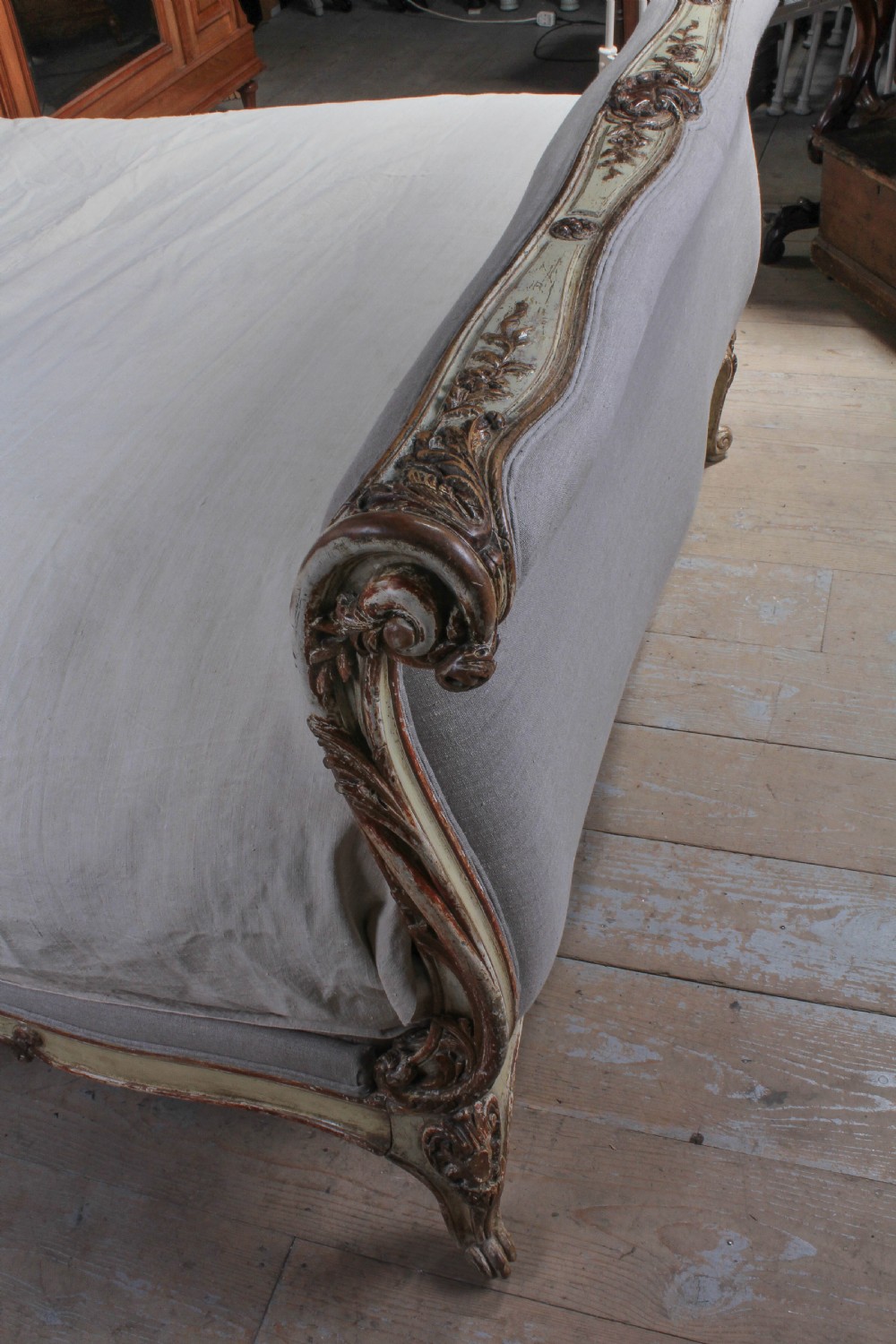 Exceptional rare early Louis XV scroll top king size bed View V