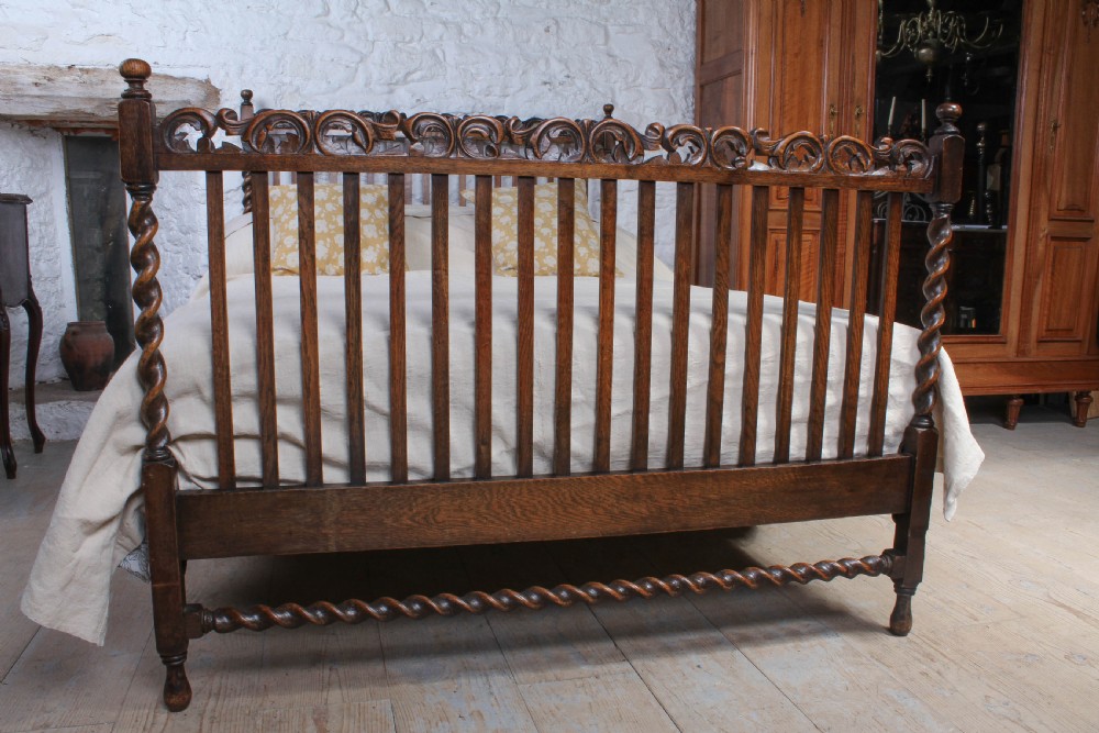 Unusual Edwardian oak double bed with barley twist posts View II