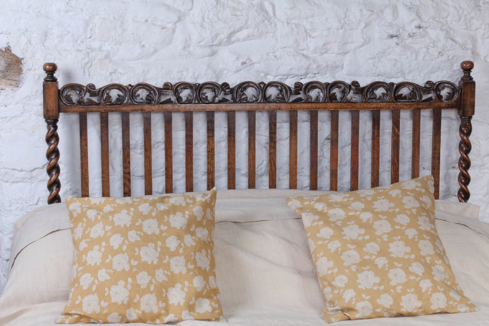 Unusual Edwardian oak double bed with barley twist posts View III