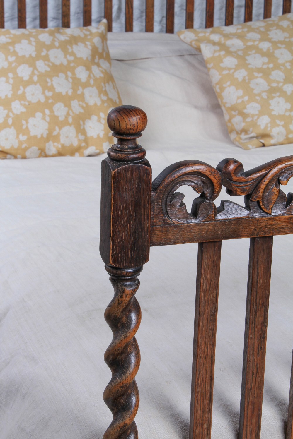Unusual Edwardian oak double bed with barley twist posts View V