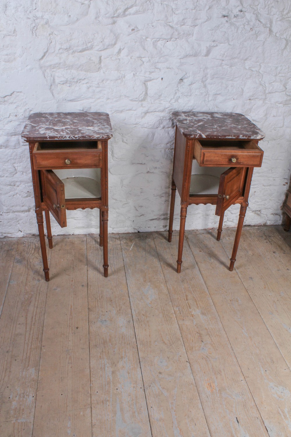 Matching pair of French walnut bedsides  View V