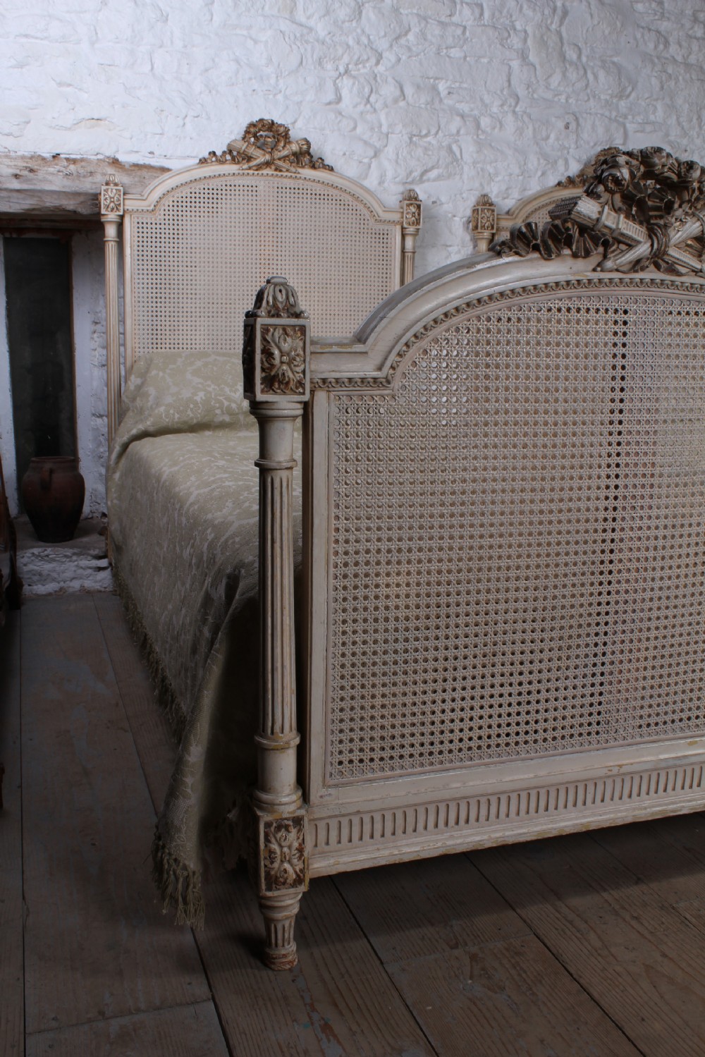 Striking pair of French Empire style caned single beds View VII