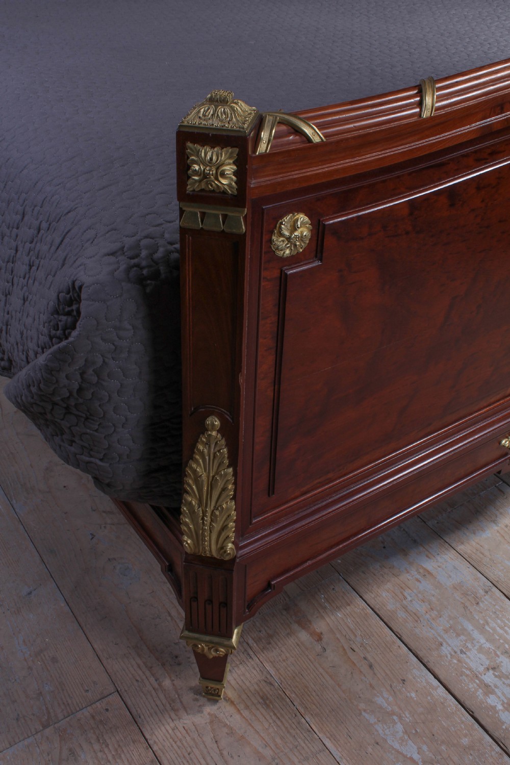 Magnificent Louis XV1 style bed with flame mahogany panels View IV
