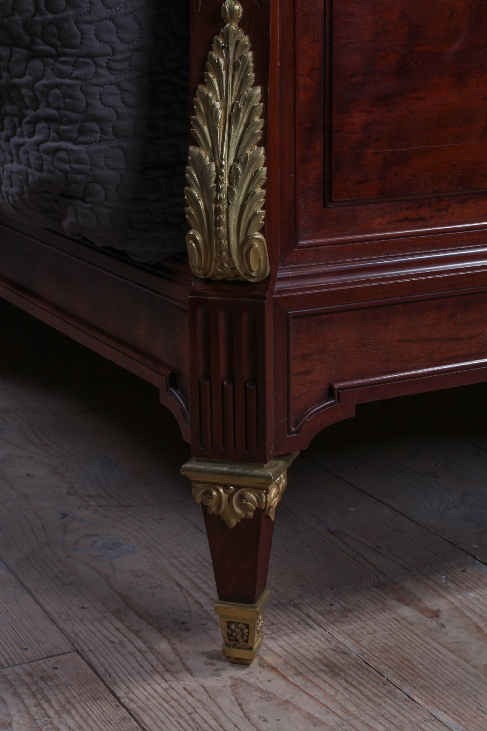 Magnificent Louis XV1 style bed with flame mahogany panels View V
