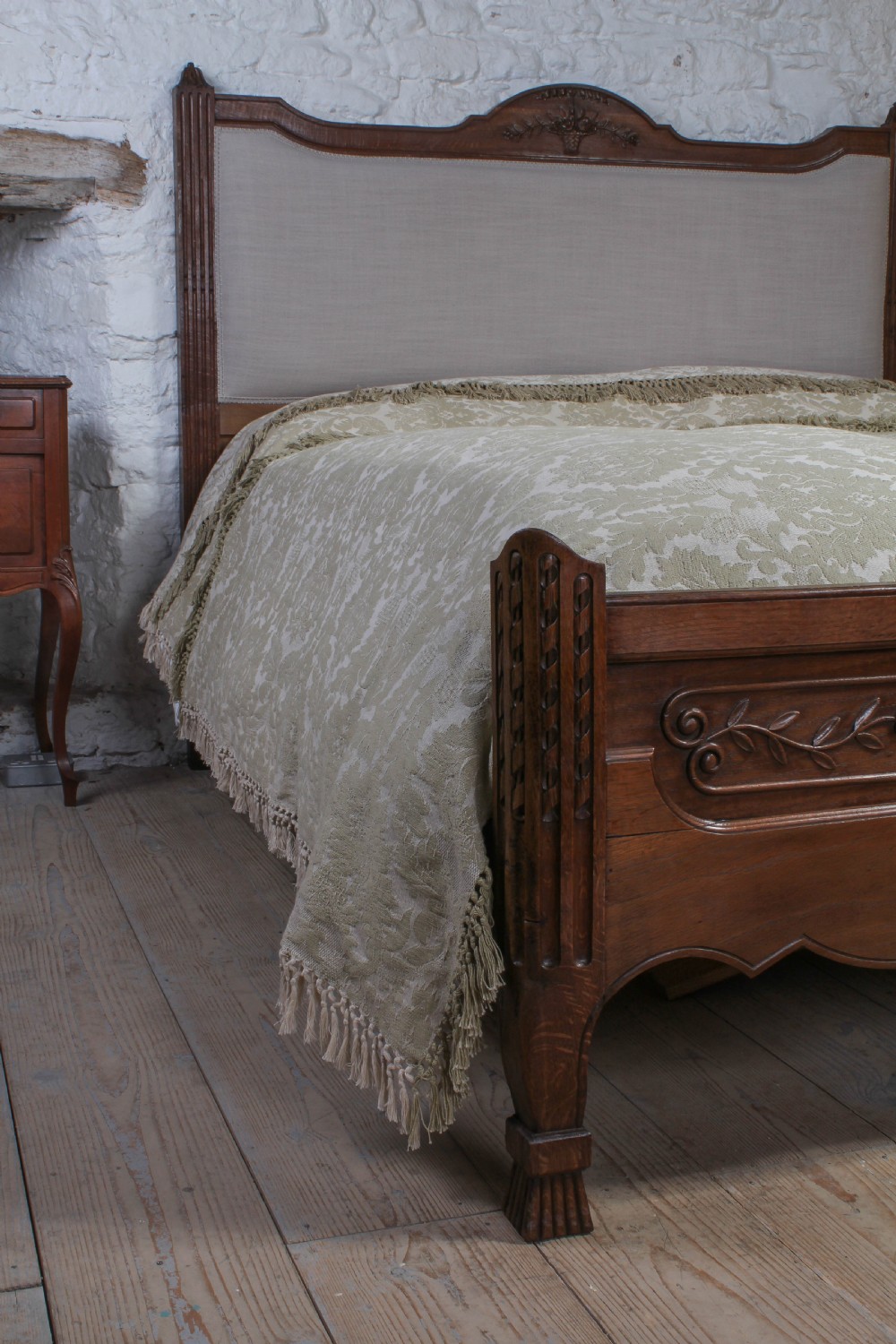 Handsome French oak European king size low end upholstered bed View III