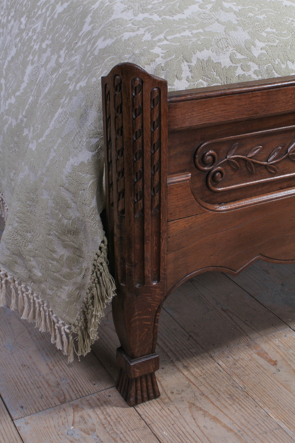 Handsome French oak European king size low end upholstered bed View V