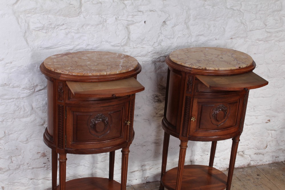 Beautiful pair of rare oval walnut bedsides View II
