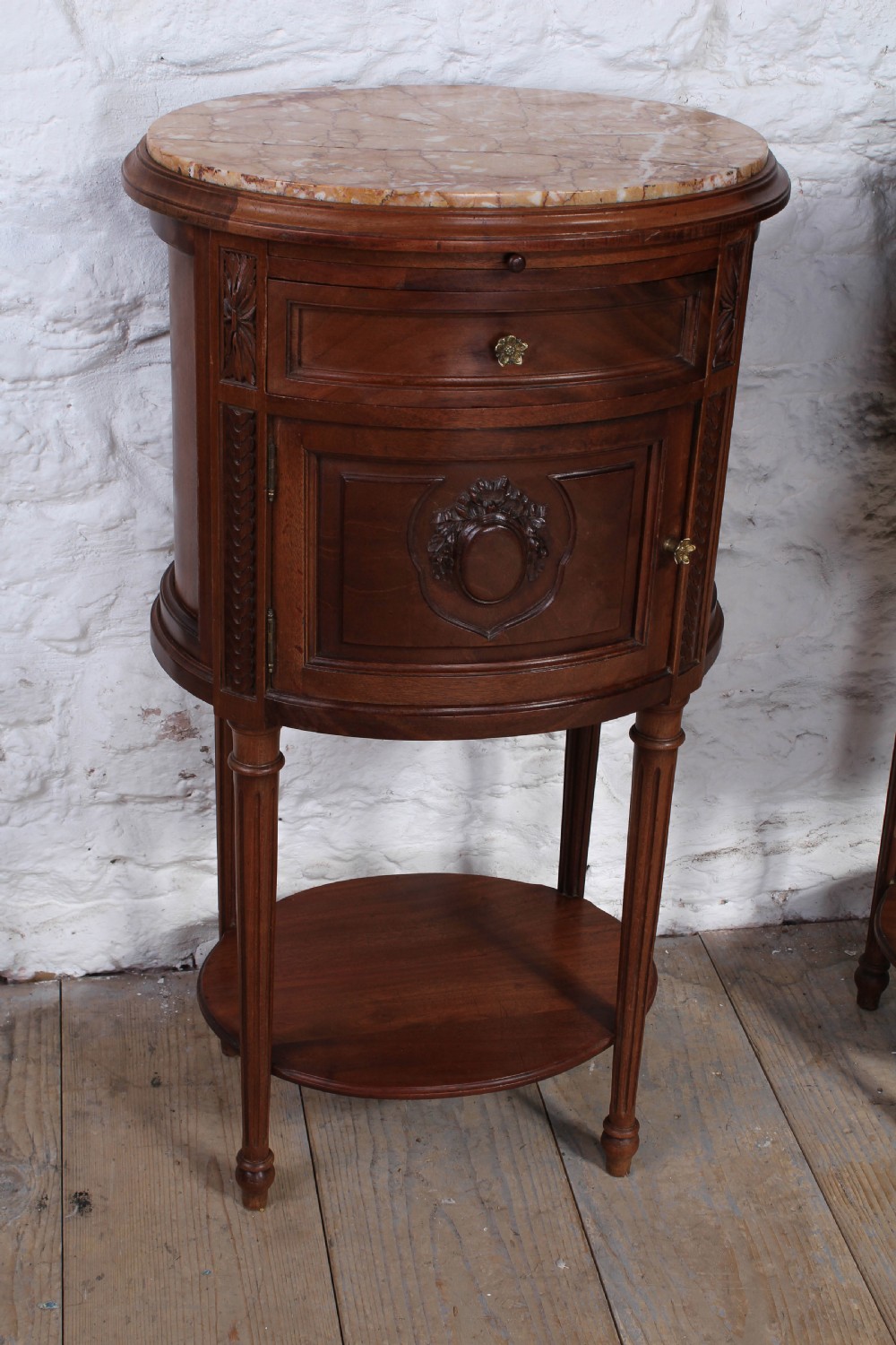 Beautiful pair of rare oval walnut bedsides View III