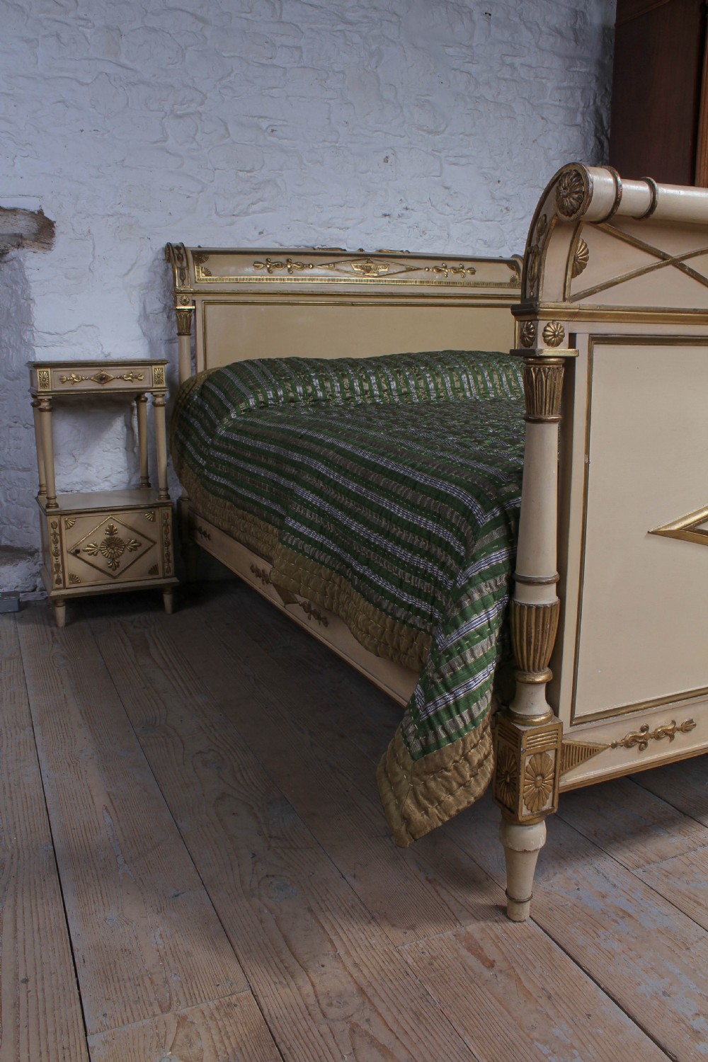 Spectacular original paint and gilded Directoire style LIt Bateau with matching bedside  View III