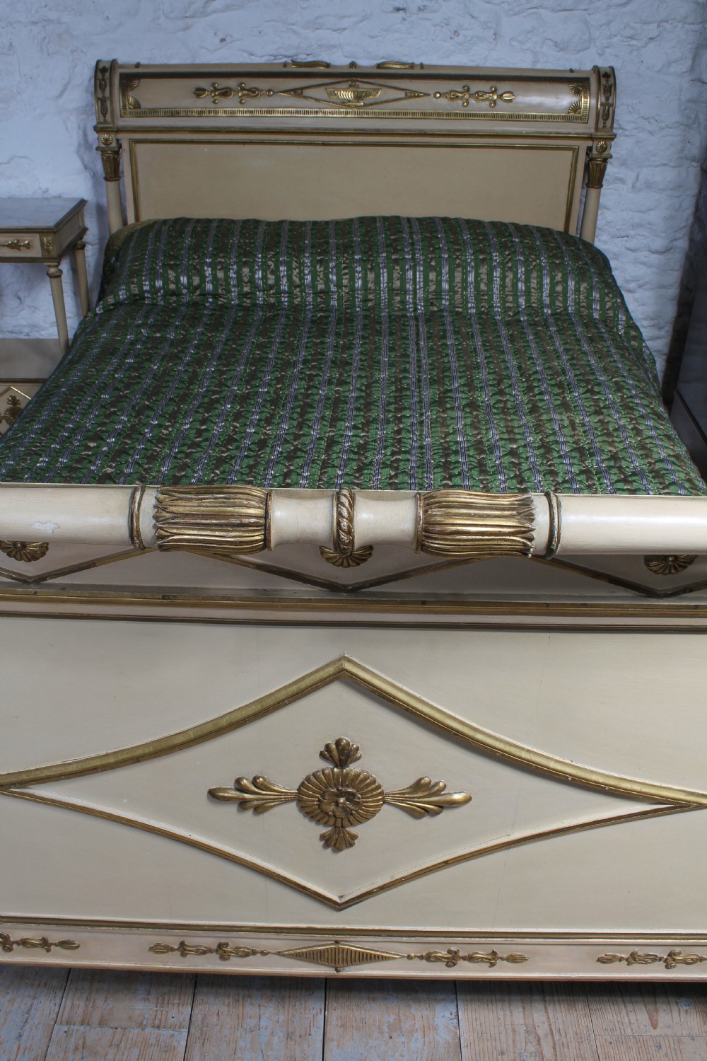 Spectacular original paint and gilded Directoire style LIt Bateau with matching bedside  View VI
