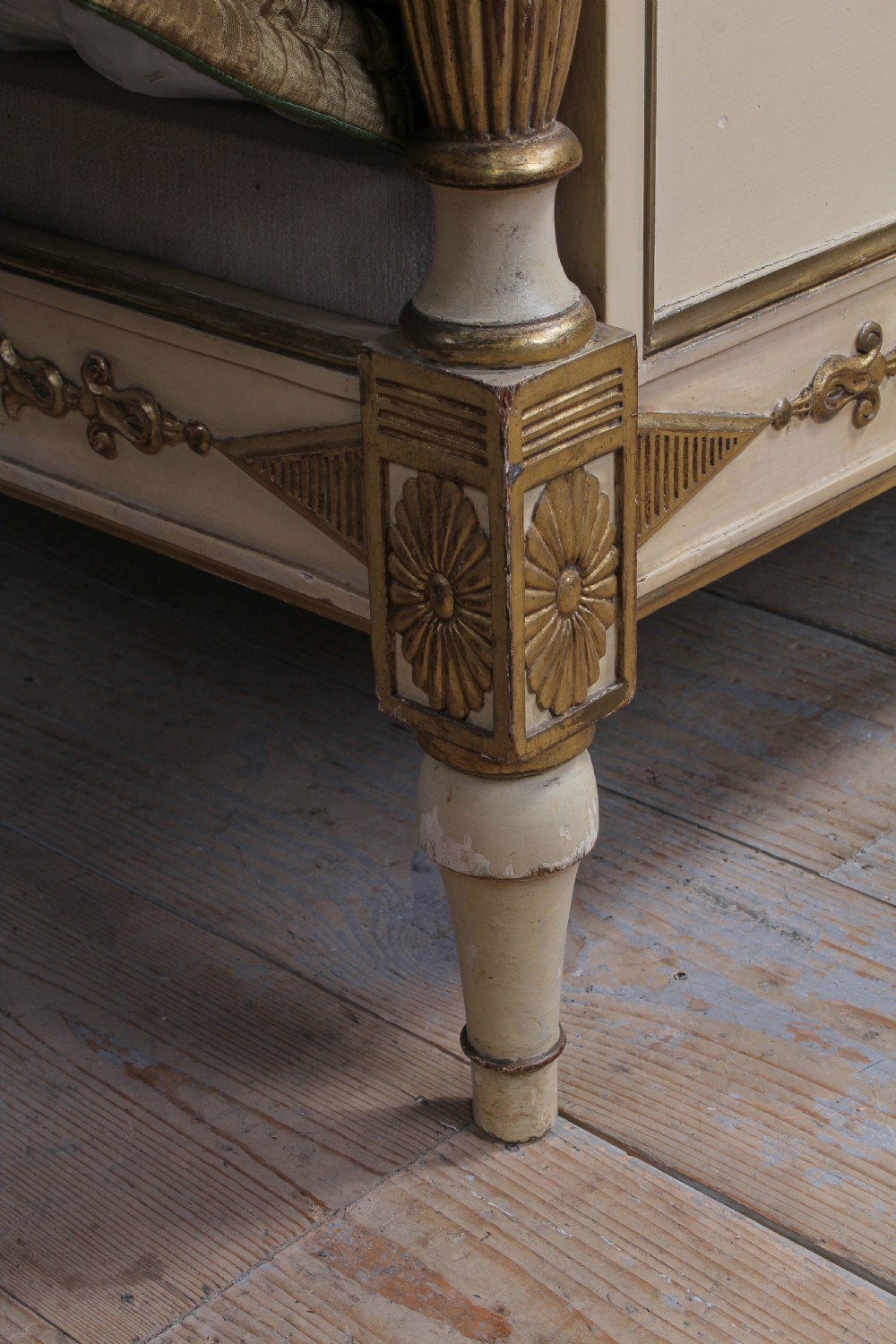 Spectacular original paint and gilded Directoire style LIt Bateau with matching bedside  View VII