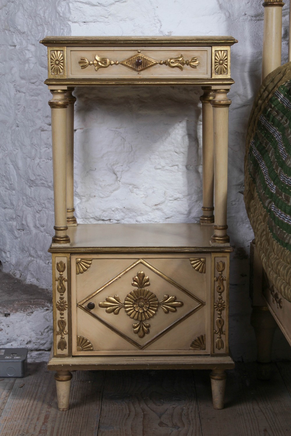 Spectacular original paint and gilded Directoire style LIt Bateau with matching bedside  View IX
