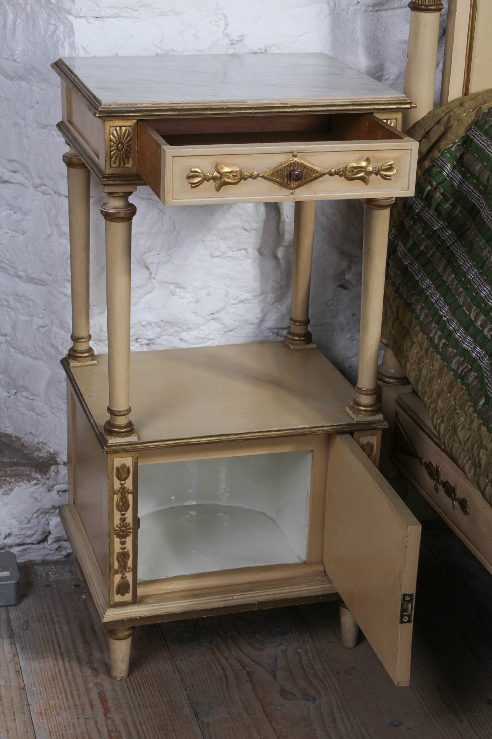 Spectacular original paint and gilded Directoire style LIt Bateau with matching bedside  View X