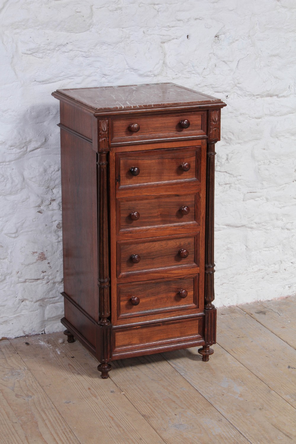 Attractive tall walnut bedside with drawers
