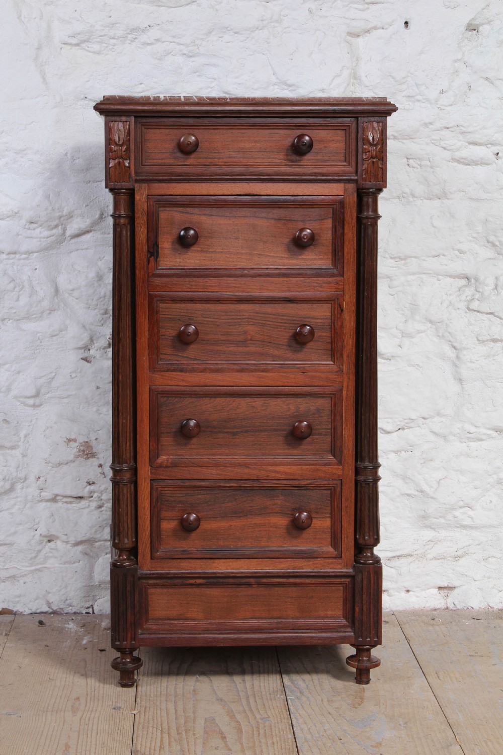Attractive tall walnut bedside with drawers View II