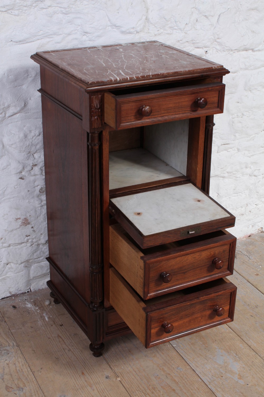 Attractive tall walnut bedside with drawers View V