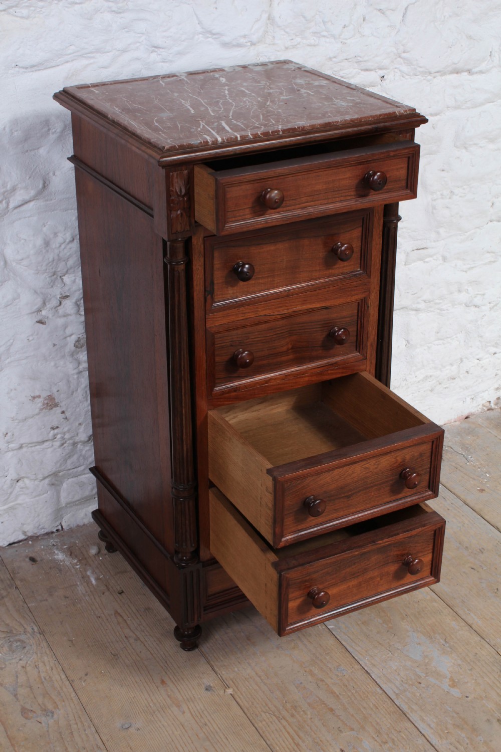 Attractive tall walnut bedside with drawers View VI