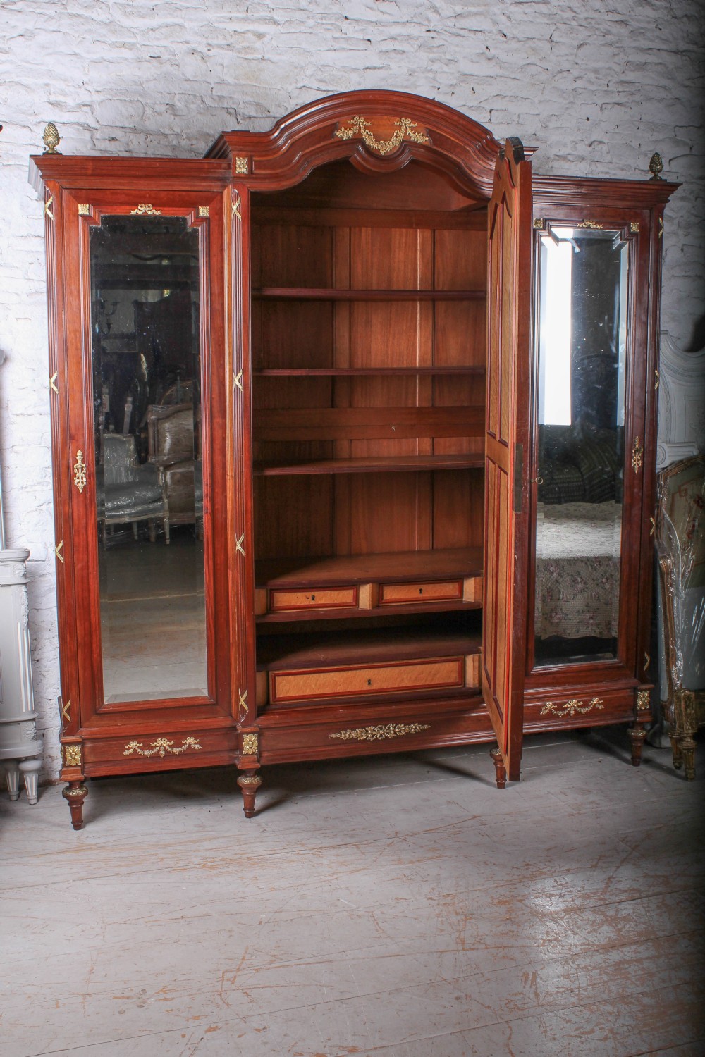 Exceptional solid French mahogany and fruit wood three door bedroom suite. View II