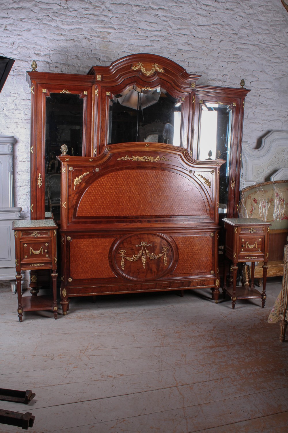 Exceptional solid French mahogany and fruit wood three door bedroom suite. View VII