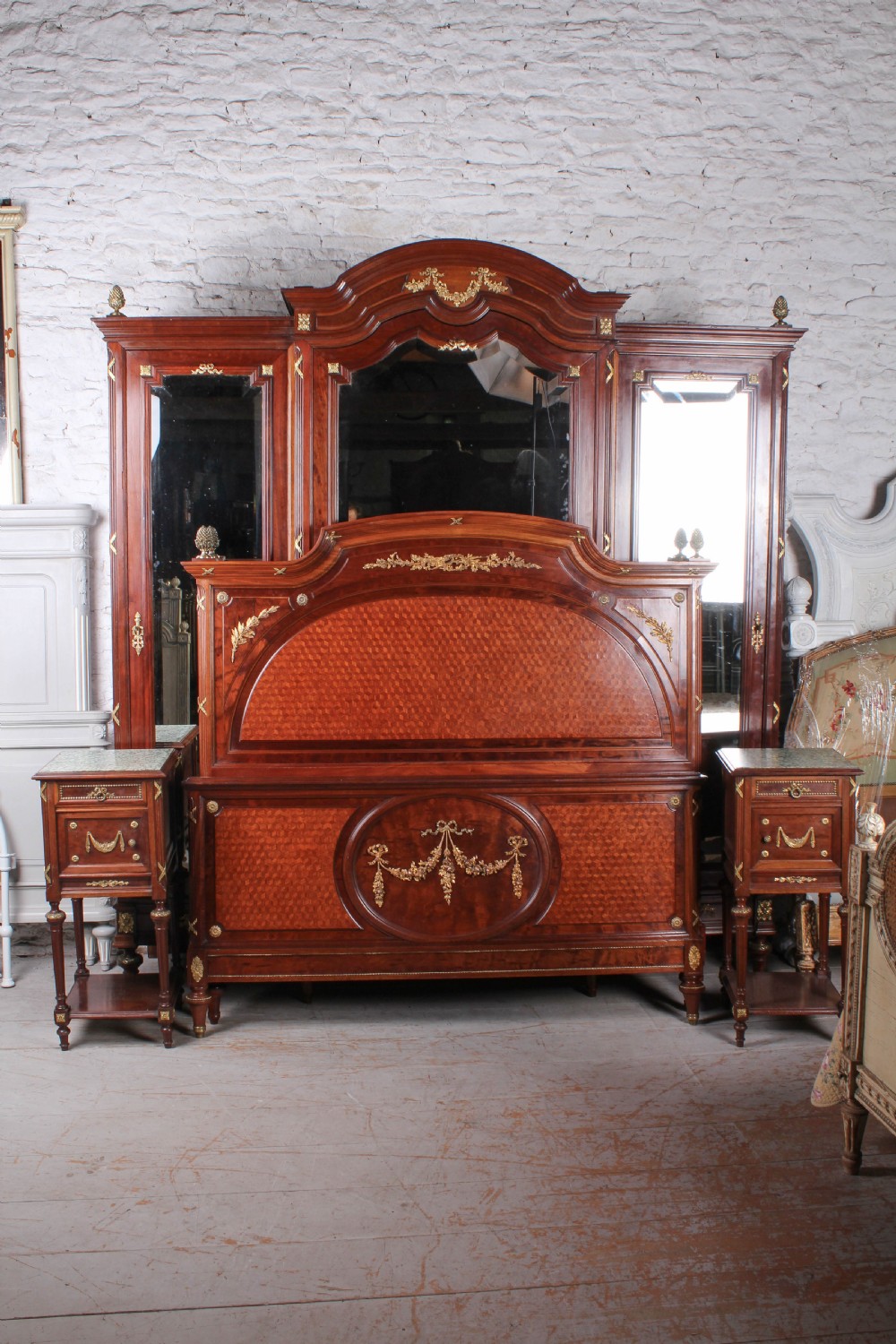 Exceptional solid French mahogany and fruit wood three door bedroom suite. View VIII