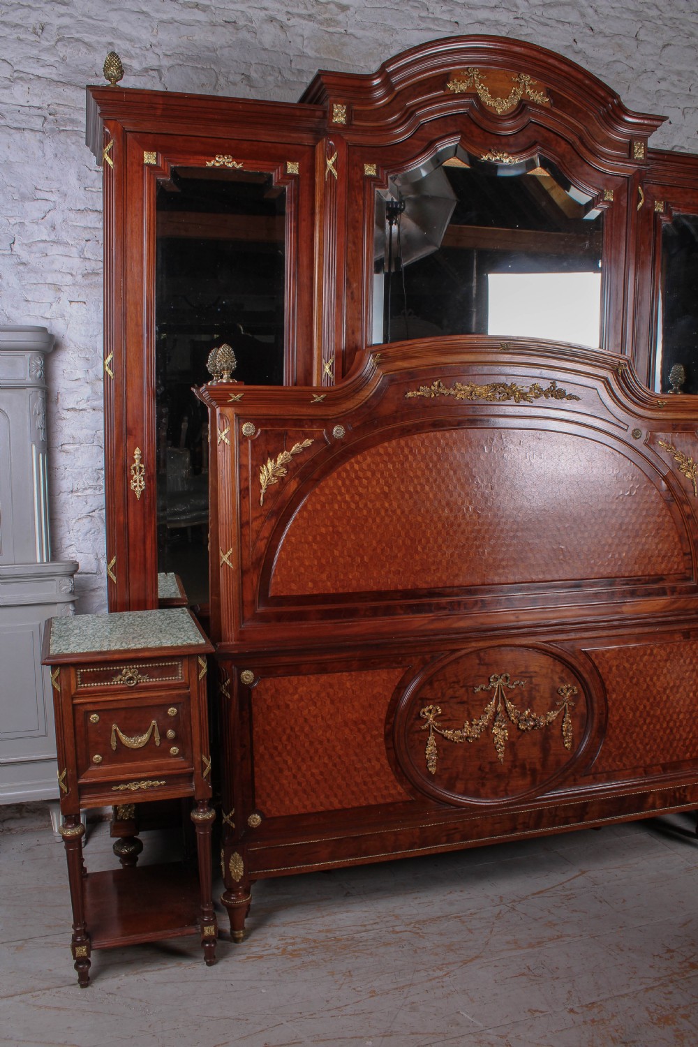 Exceptional solid French mahogany and fruit wood three door bedroom suite. View X