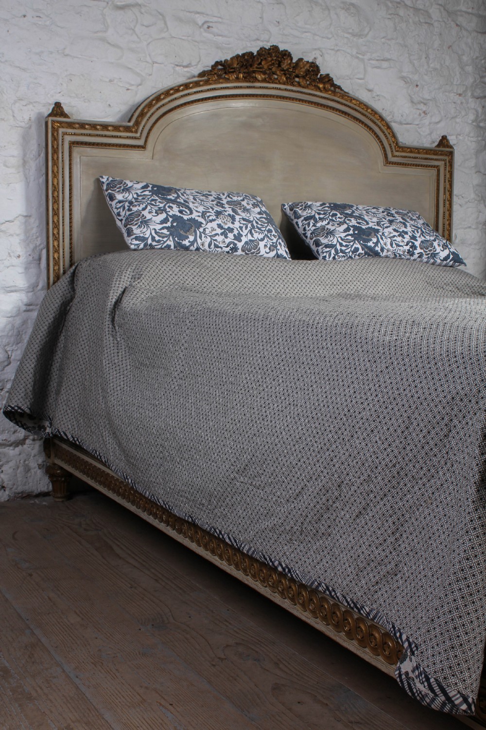 Absolutely stunning original European king size gilded and painted wooden French Bed View IX