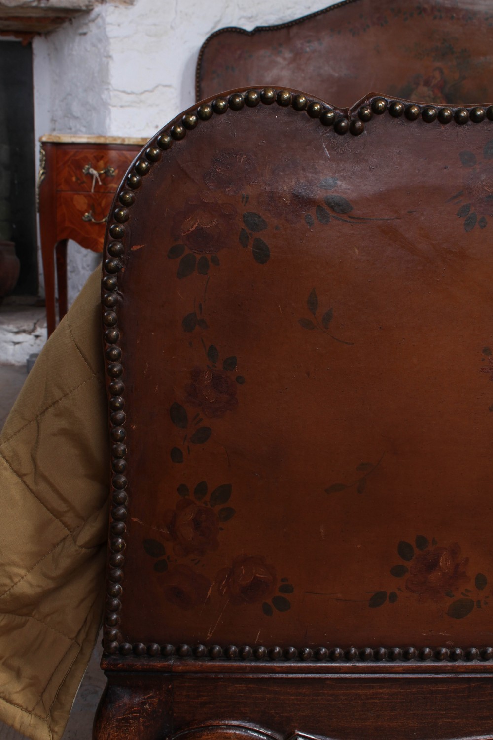 Very unusual French leather upholstered king size bed View IV