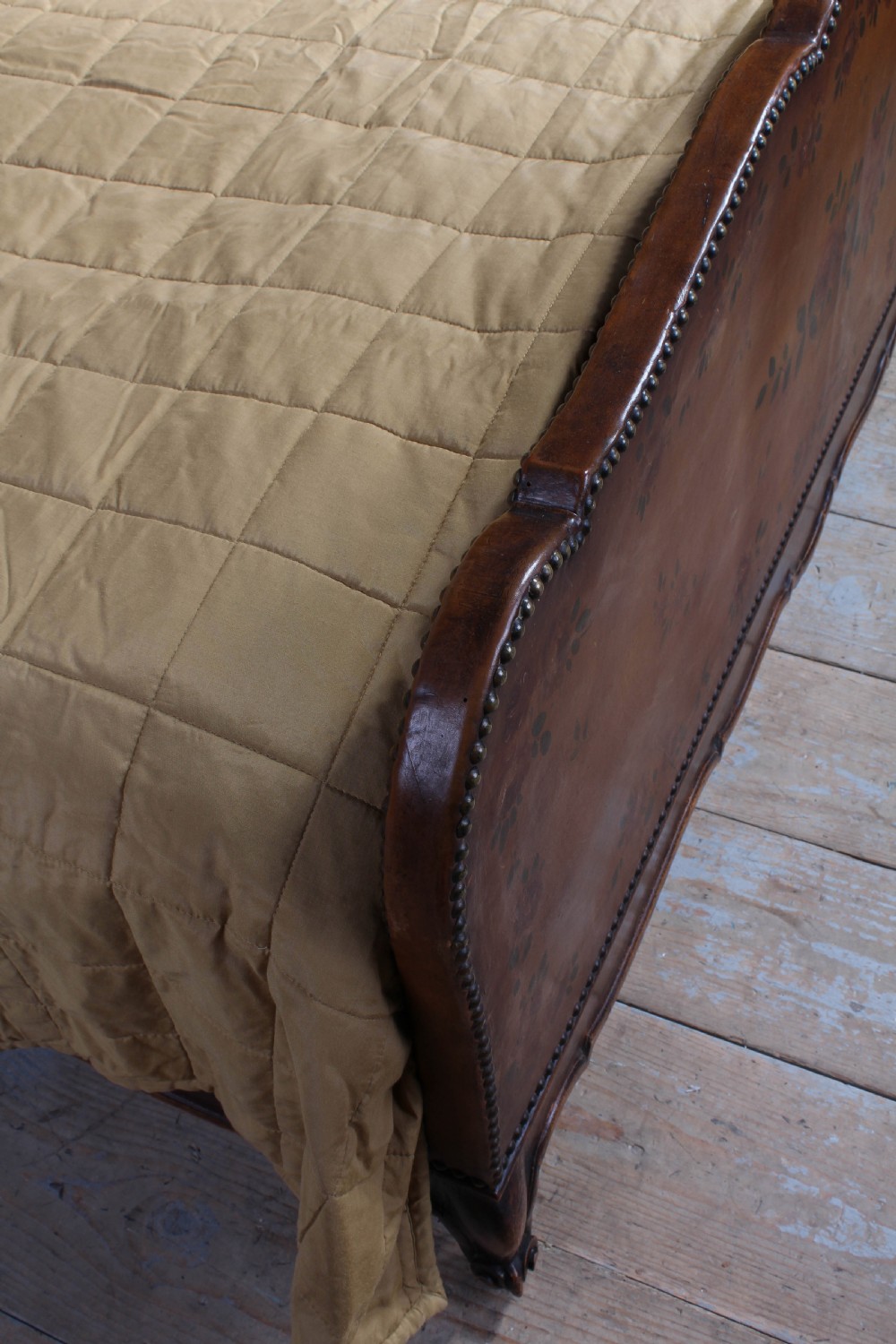 Very unusual French leather upholstered king size bed View VI