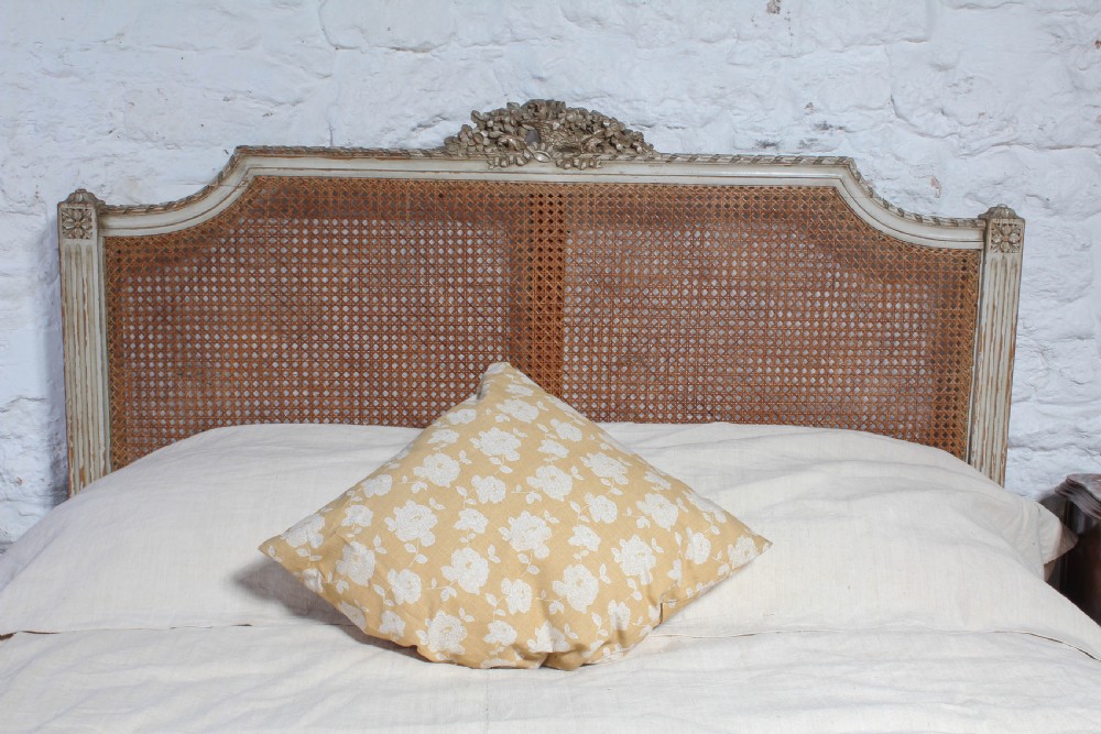 Pretty French caned double bed with original aged paint View II