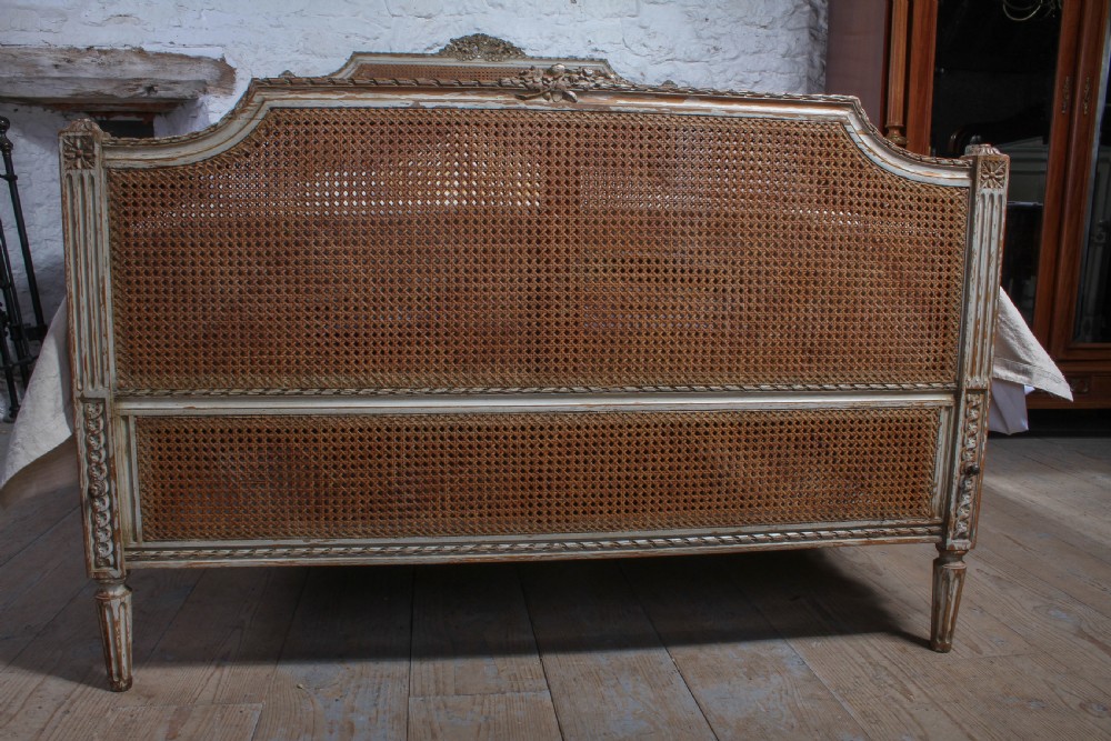Pretty French caned double bed with original aged paint View IV