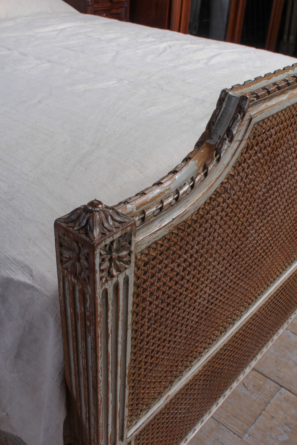 Pretty French caned double bed with original aged paint View VI