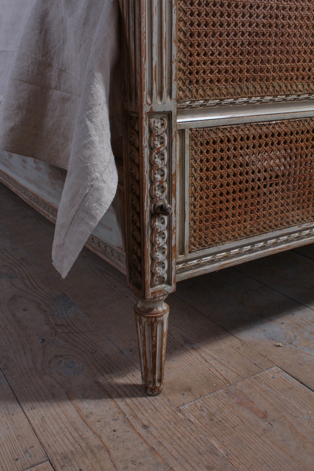 Pretty French caned double bed with original aged paint View VII
