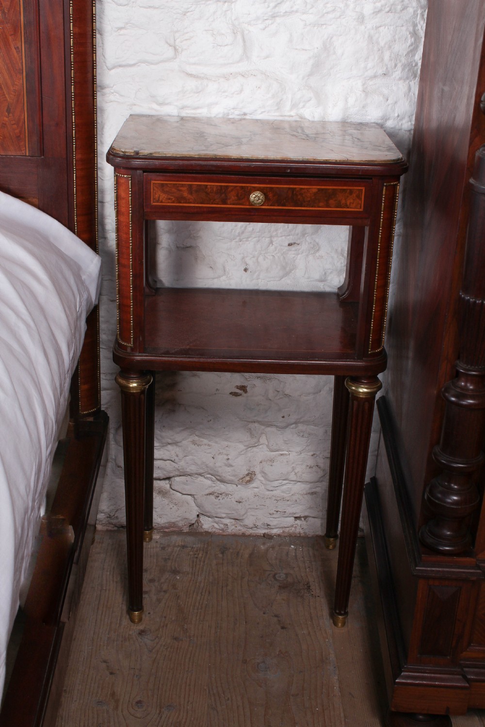 Almost super king size Louis XVI style  mahogany and fruit wood bed and bedsides View XI