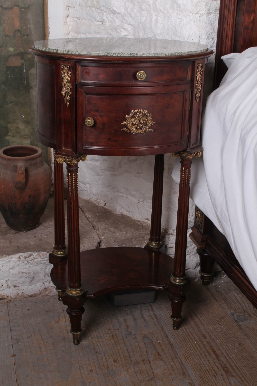 Beautiful king size mahogany Louis XVI style bed and bedside View IX