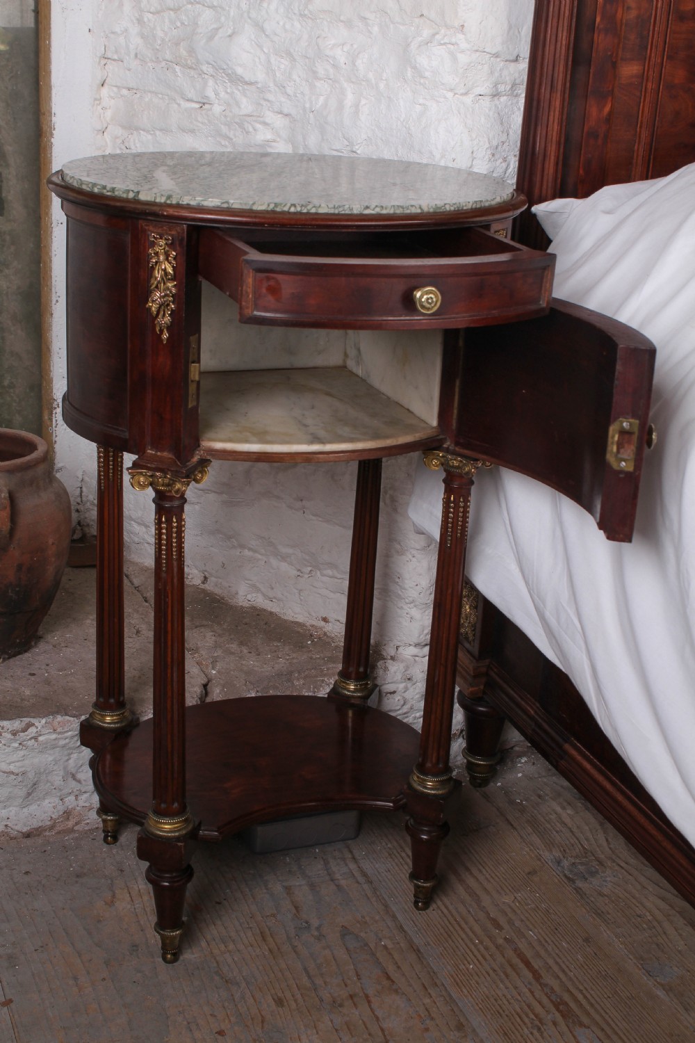 Beautiful king size mahogany Louis XVI style bed and bedside View X