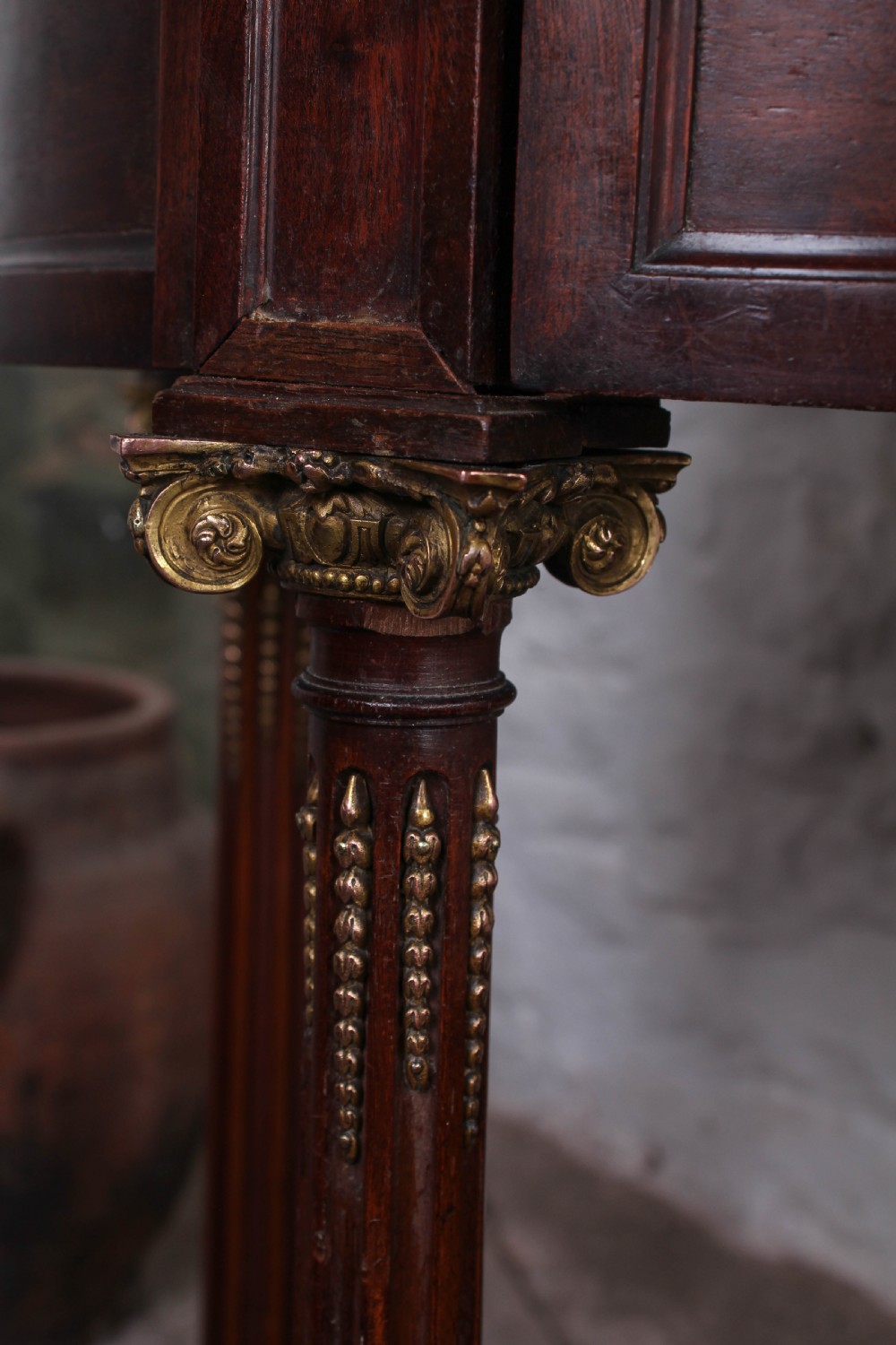 Beautiful king size mahogany Louis XVI style bed and bedside View XI