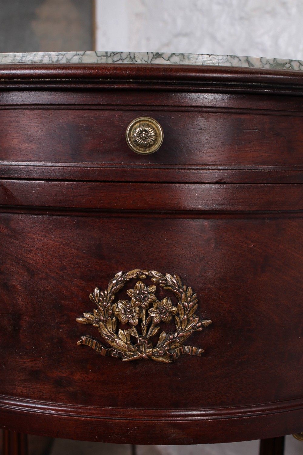 Beautiful king size mahogany Louis XVI style bed and bedside View XII