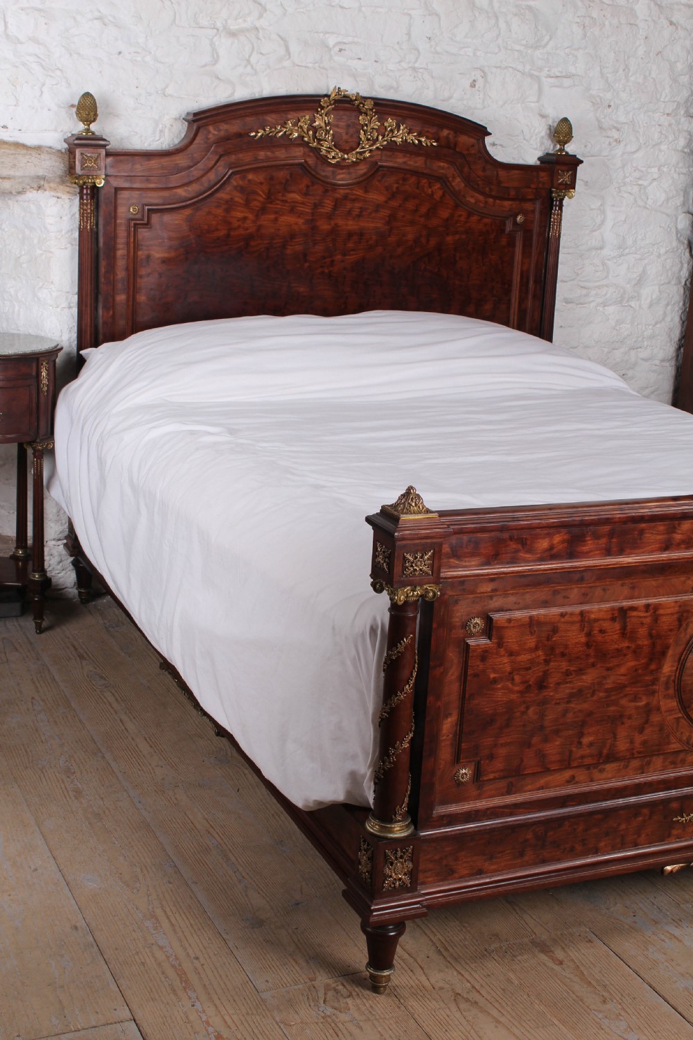Beautiful king size mahogany Louis XVI style bed and bedside View XIV