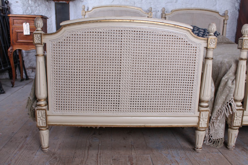 Pretty pair of French painted caned single beds View III