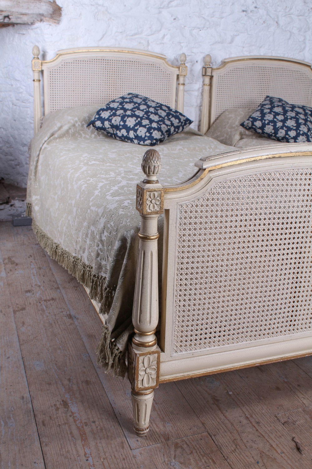 Pretty pair of French painted caned single beds View IX
