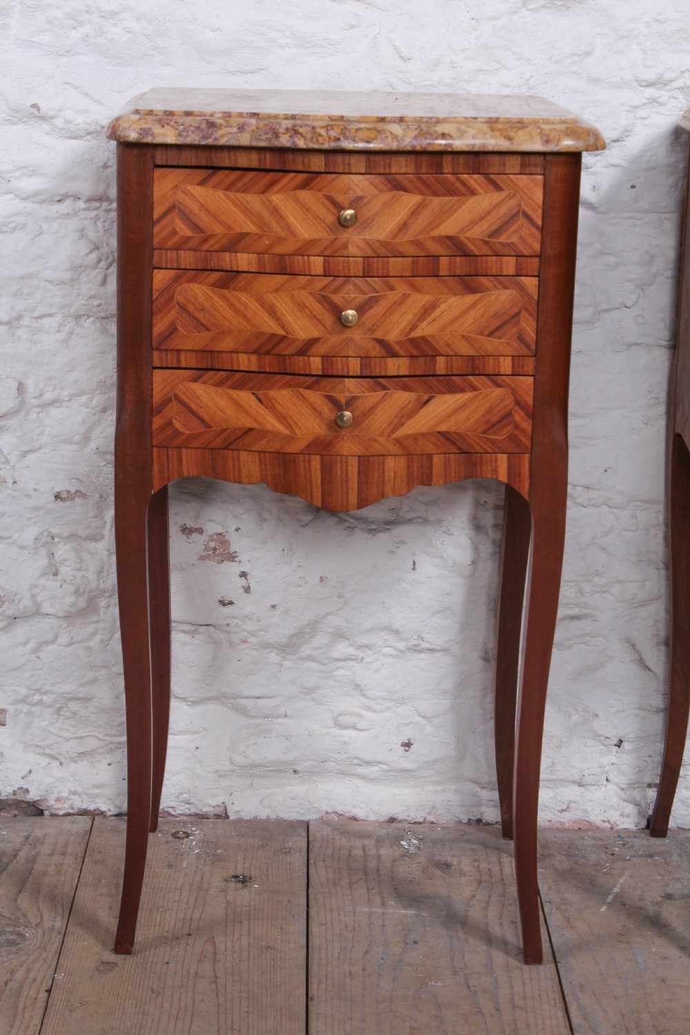 Pretty pair of walnut three drawer bedsides View II
