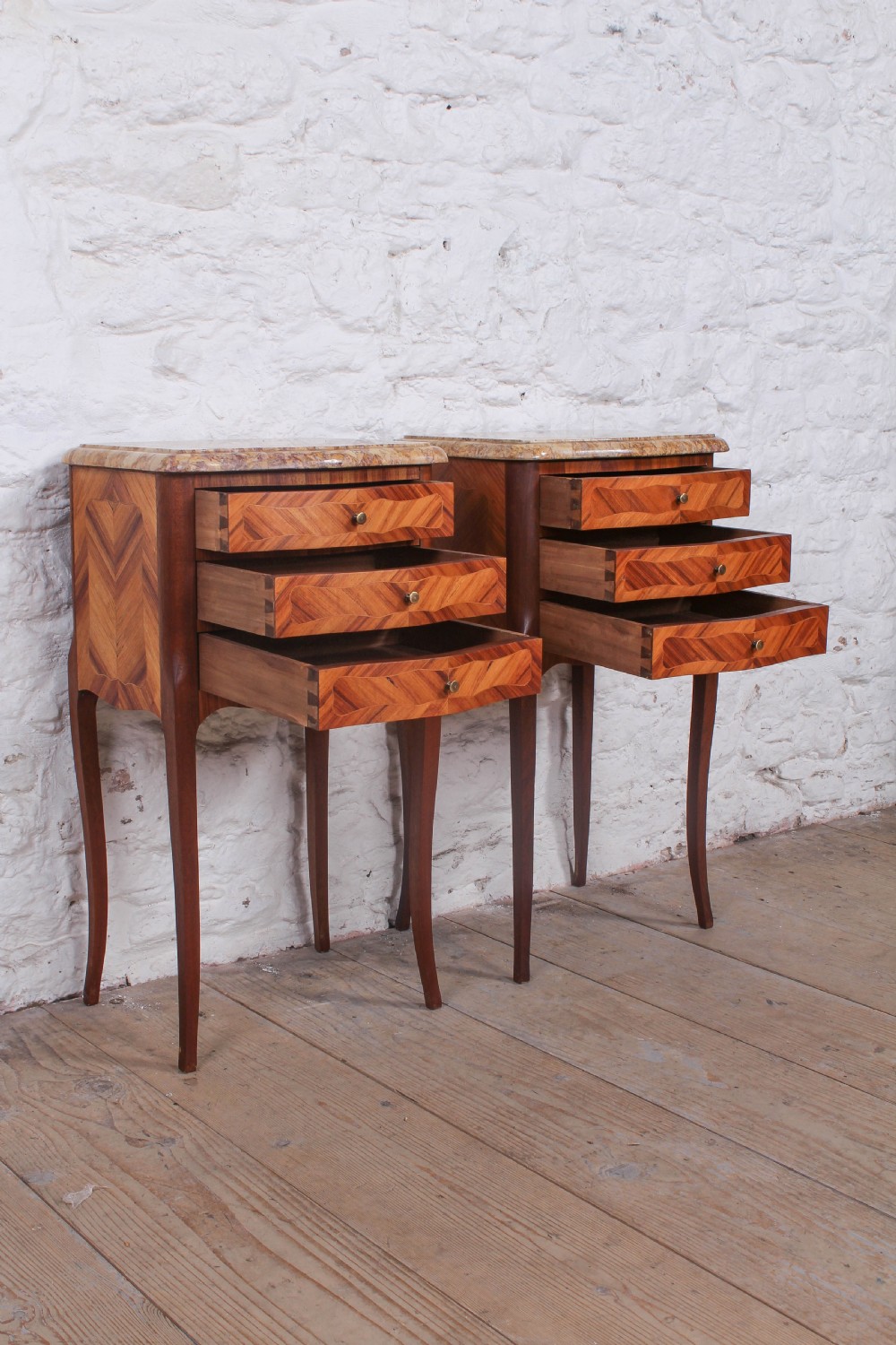 Pretty pair of walnut three drawer bedsides View IV
