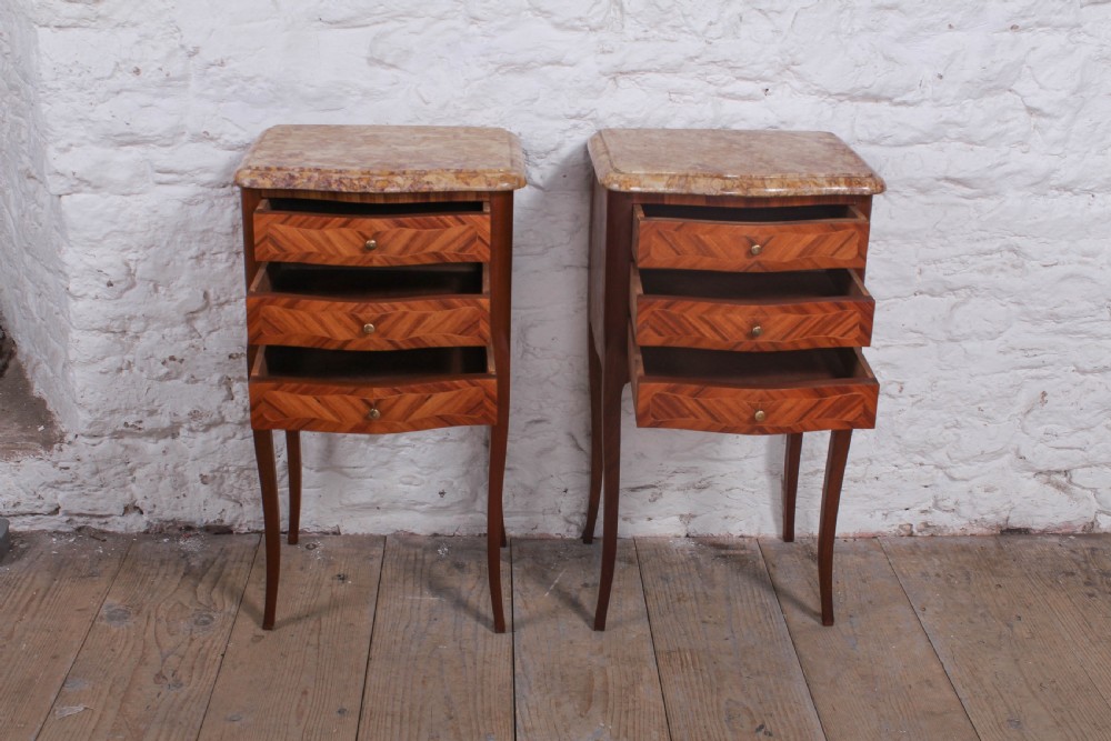 Pretty pair of walnut three drawer bedsides View V