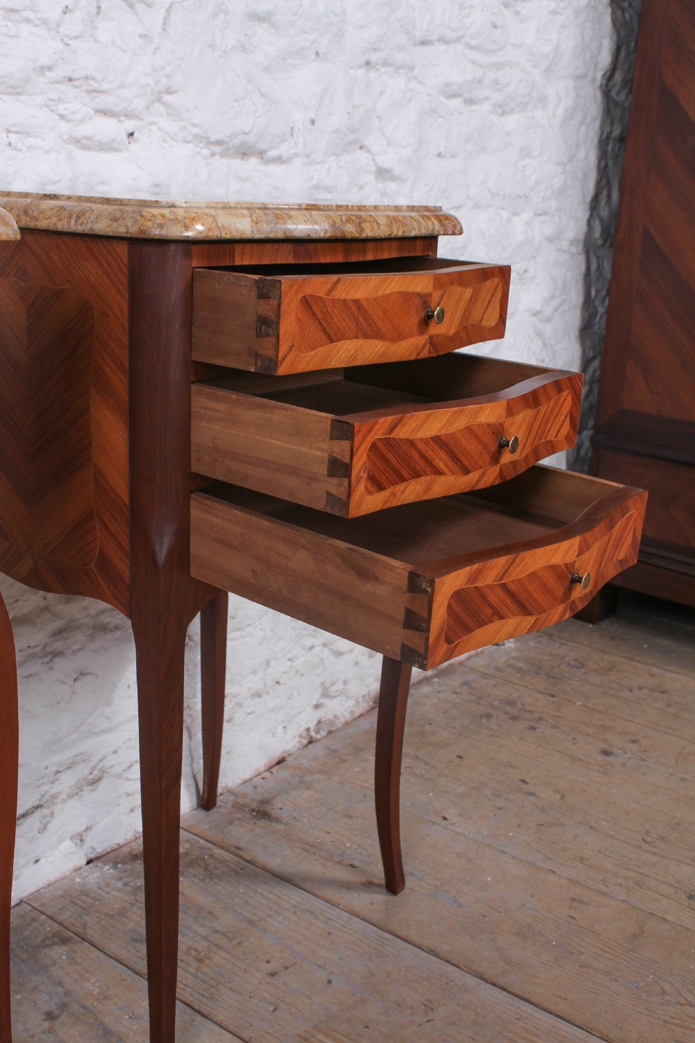 Pretty pair of walnut three drawer bedsides View VI