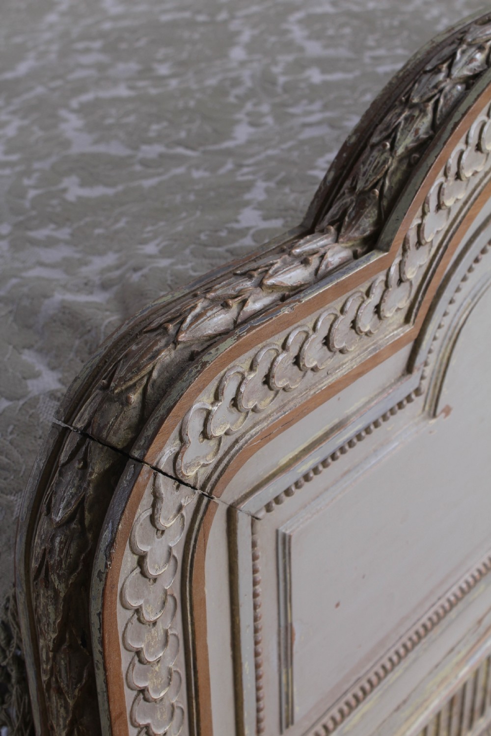 Spectacular Empire size original French carved painted joined bed. View IV
